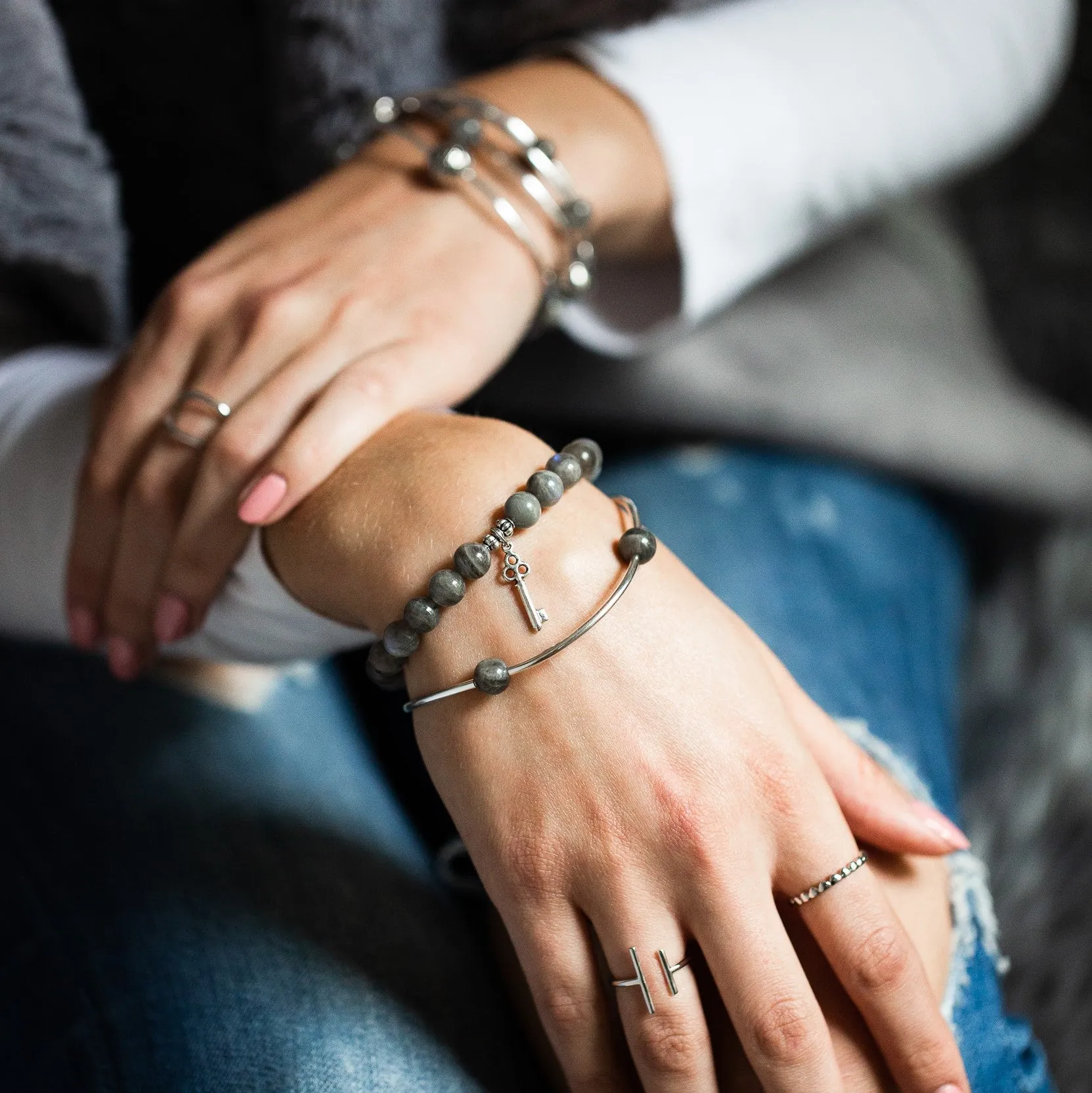 Key | Stone Beaded Charm Bracelet | Amethyst