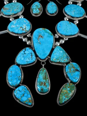 Large Native American Sterling Silver Kingman Turquoise Squash Blossom Necklace Set