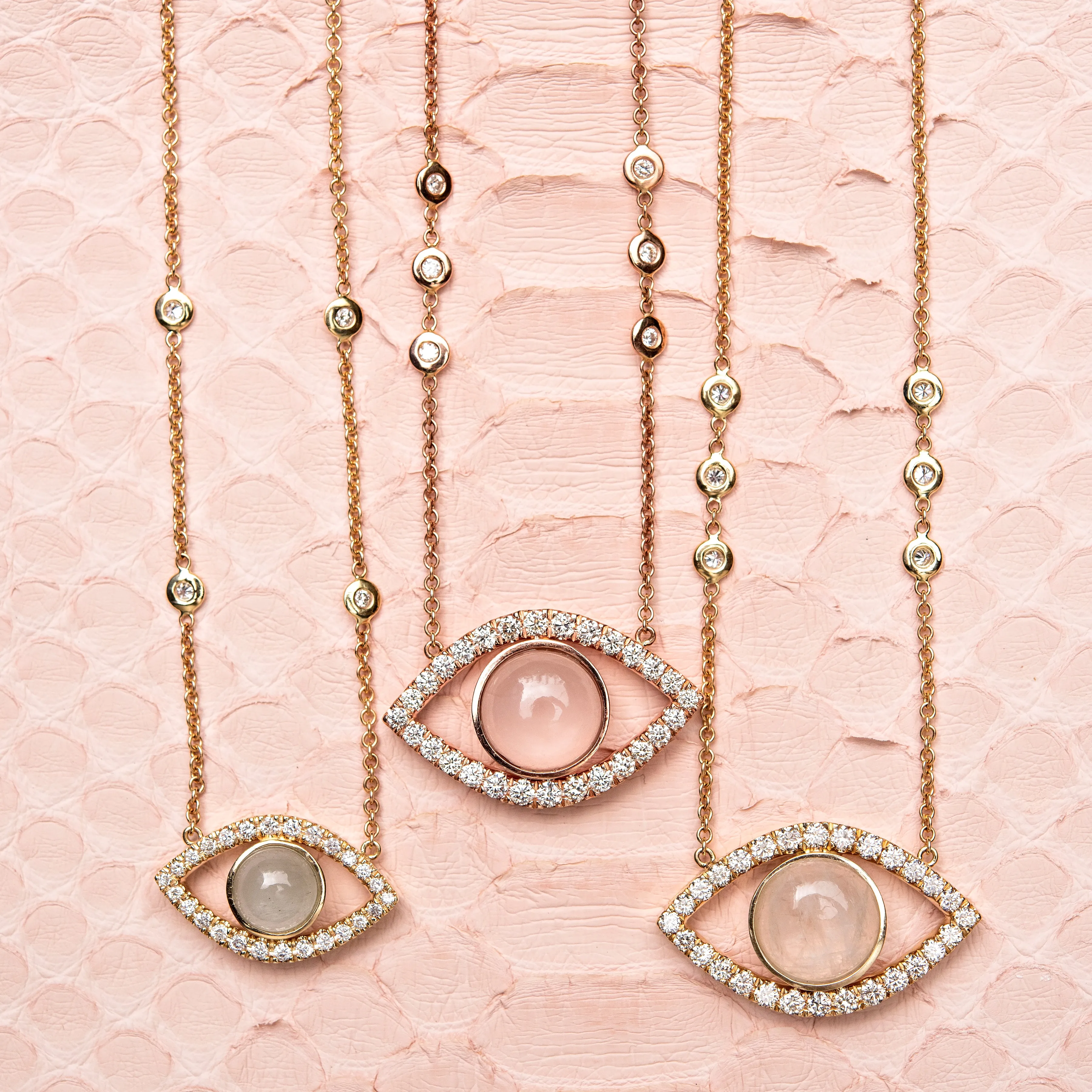 LARGE PAVE ROSE QUARTZ CENTER OPEN EYE DIAMOND NECKLACE