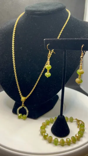 Light Lime Green, Gold and Cream Necklace, Bracelet and Earrings