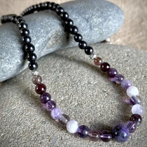 Long Shungite Necklace, Violet Gemstones, Crown Chakra