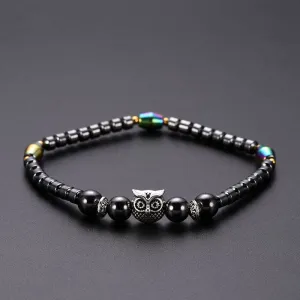 Magnetic Hematite Electroplated AB Color Round Bead Owl Anklet