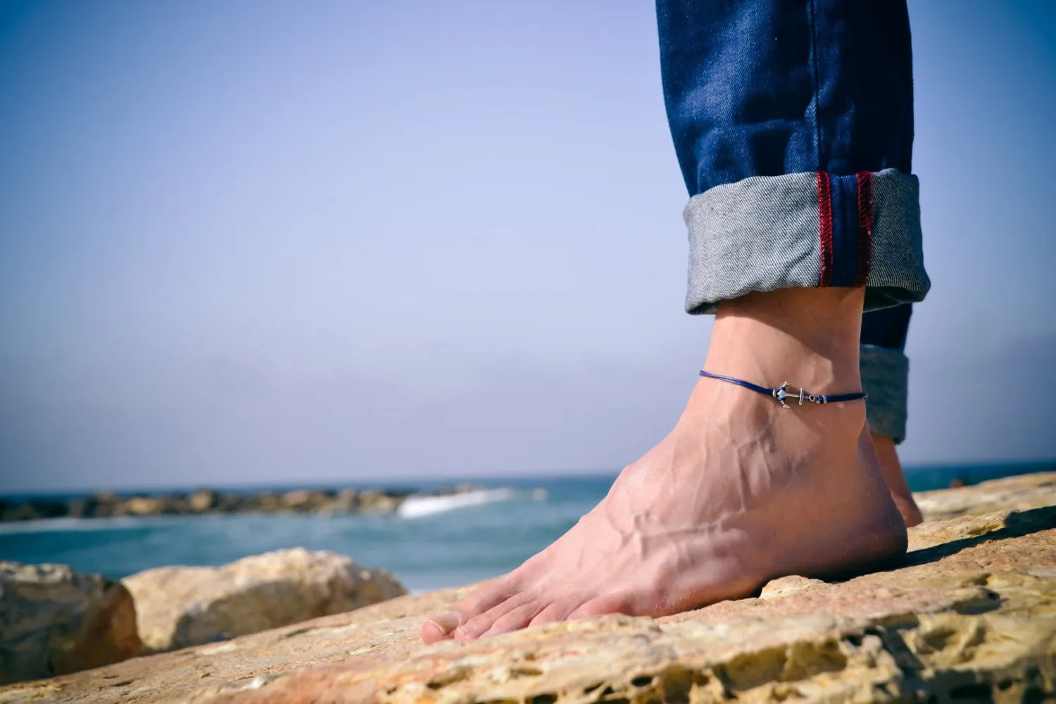 Men's anklet with a silver anchor, blue cord, gift for him