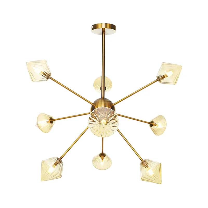 Modernist Clear/Amber Glass Diamond Chandelier with Sputnik Design - 9 Bulbs LED Pendant Lamp in Gold