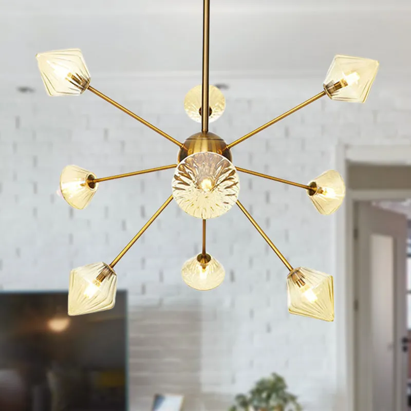 Modernist Clear/Amber Glass Diamond Chandelier with Sputnik Design - 9 Bulbs LED Pendant Lamp in Gold