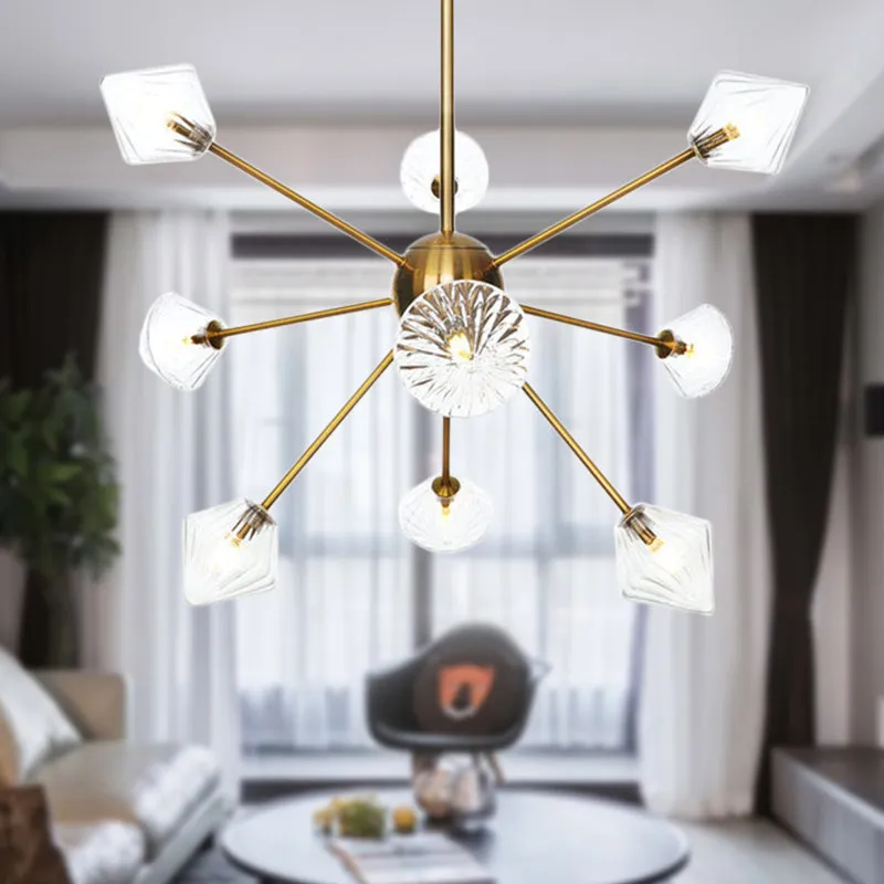 Modernist Clear/Amber Glass Diamond Chandelier with Sputnik Design - 9 Bulbs LED Pendant Lamp in Gold