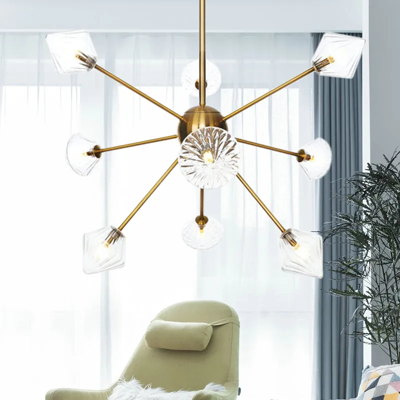 Modernist Clear/Amber Glass Diamond Chandelier with Sputnik Design - 9 Bulbs LED Pendant Lamp in Gold