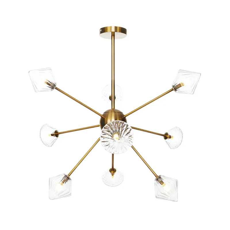 Modernist Clear/Amber Glass Diamond Chandelier with Sputnik Design - 9 Bulbs LED Pendant Lamp in Gold