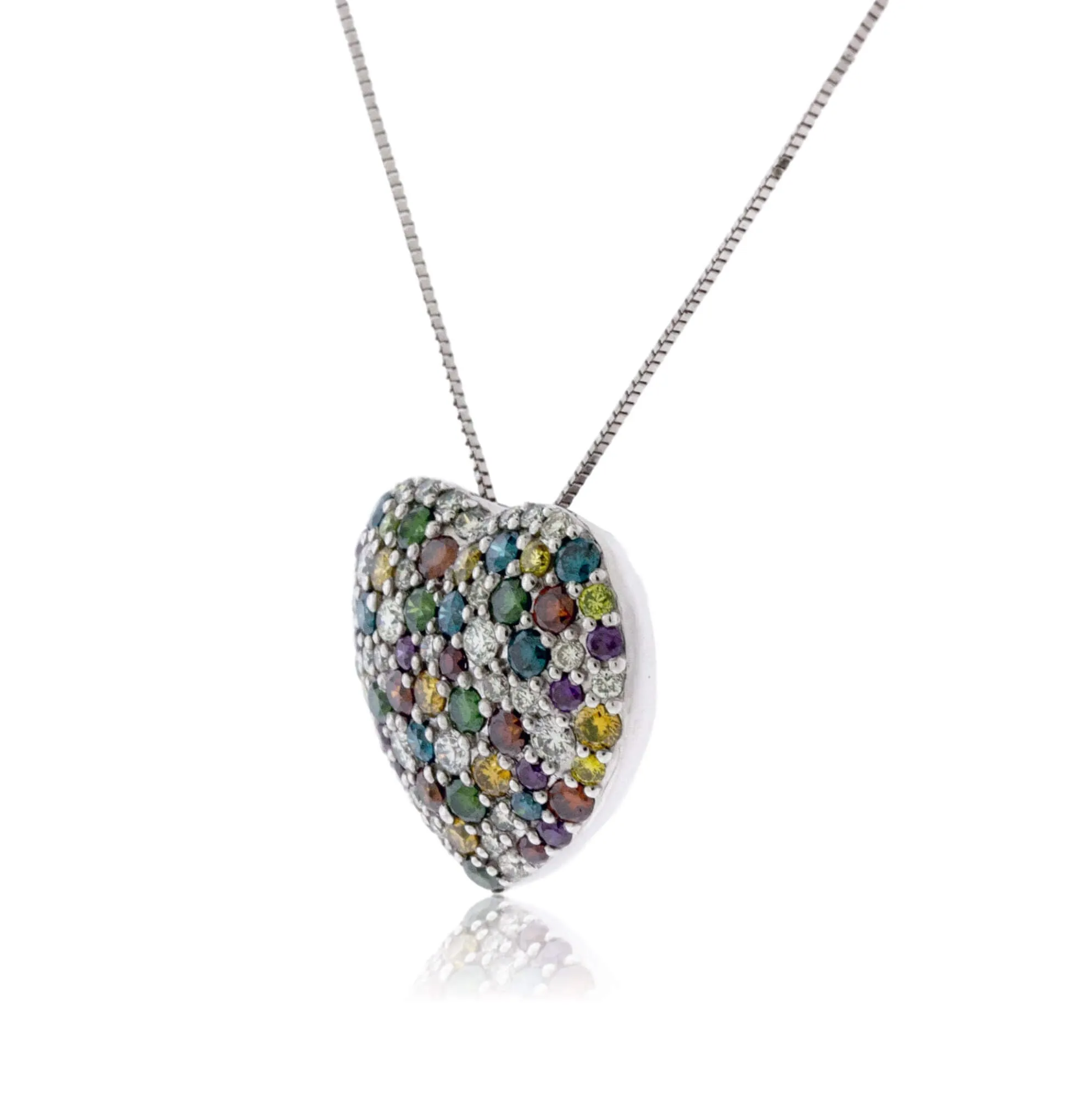 Multi Color Diamond & Diamond Heart Pendant w/Chain