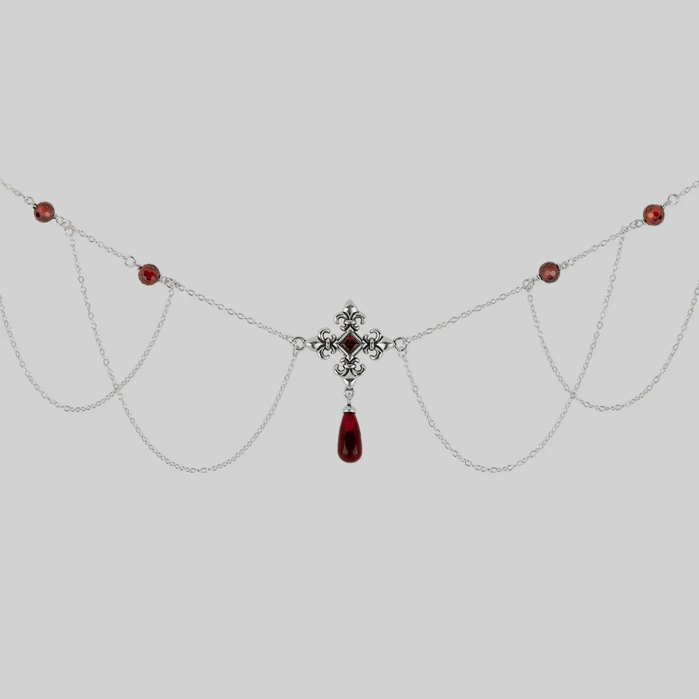 MUTINY. Fleur de Lis Multi-Drop Garnet Collar - Silver