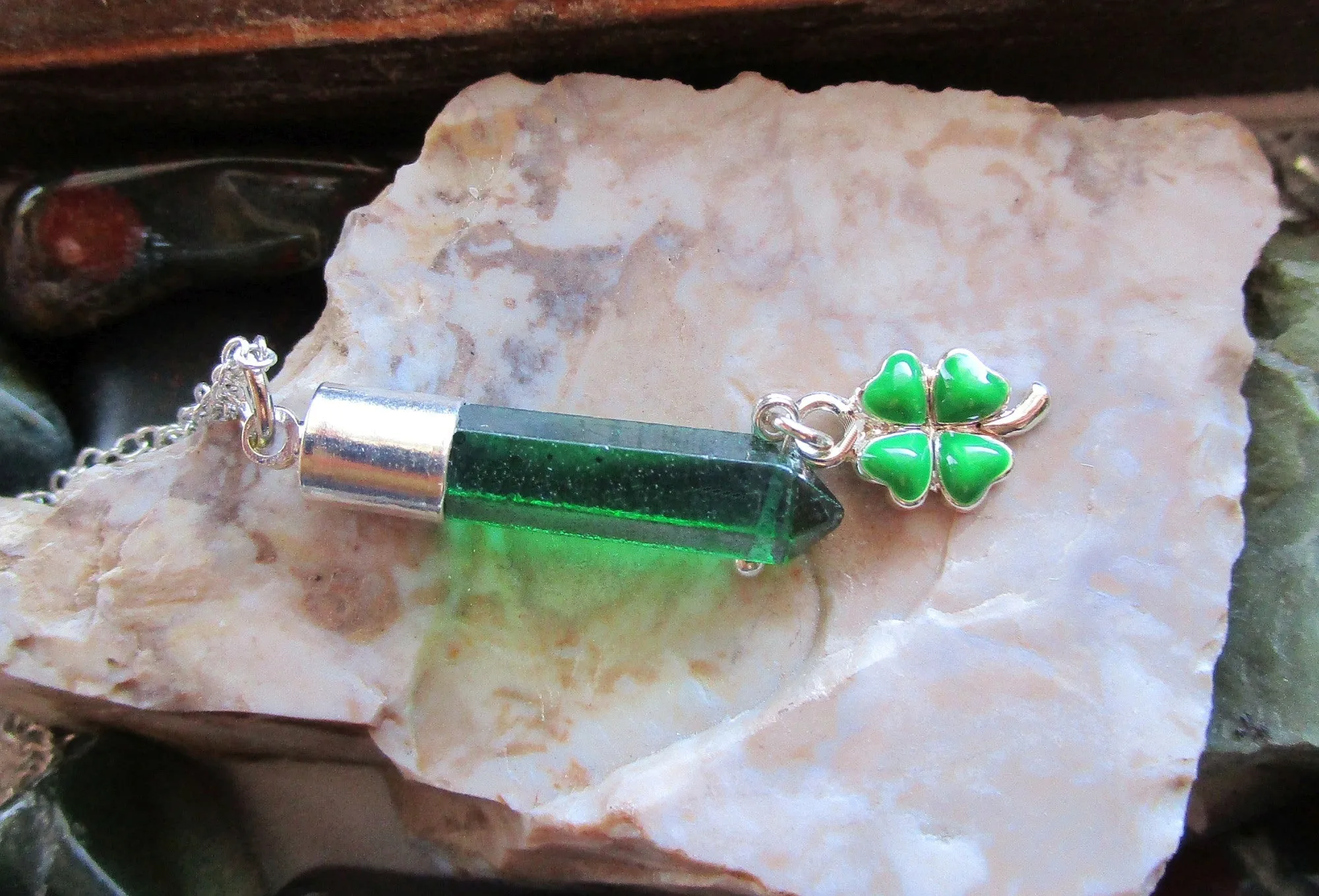 Mystic Green Quartz Crystal Shamrock Clover Pendant Necklace