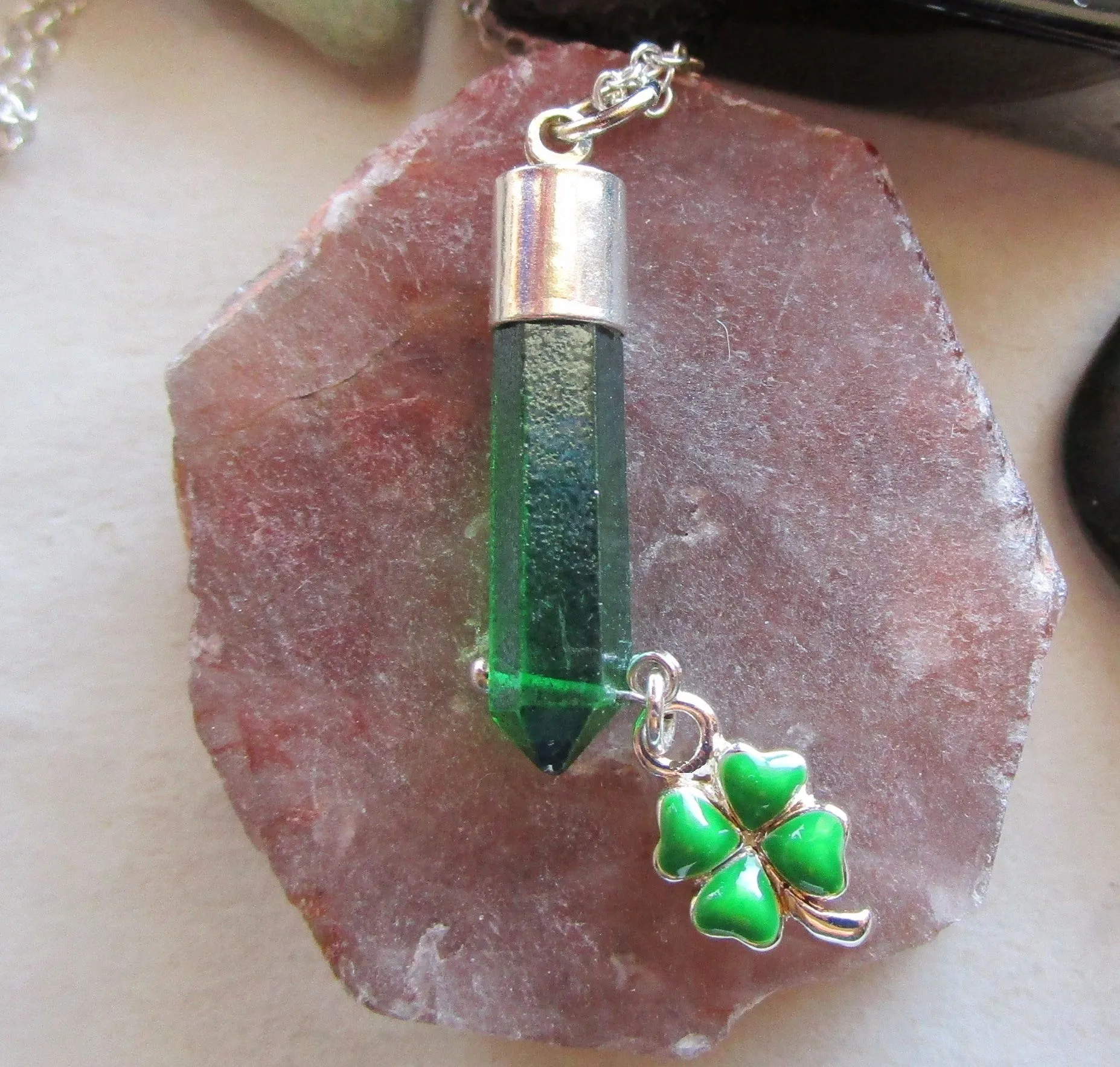 Mystic Green Quartz Crystal Shamrock Clover Pendant Necklace