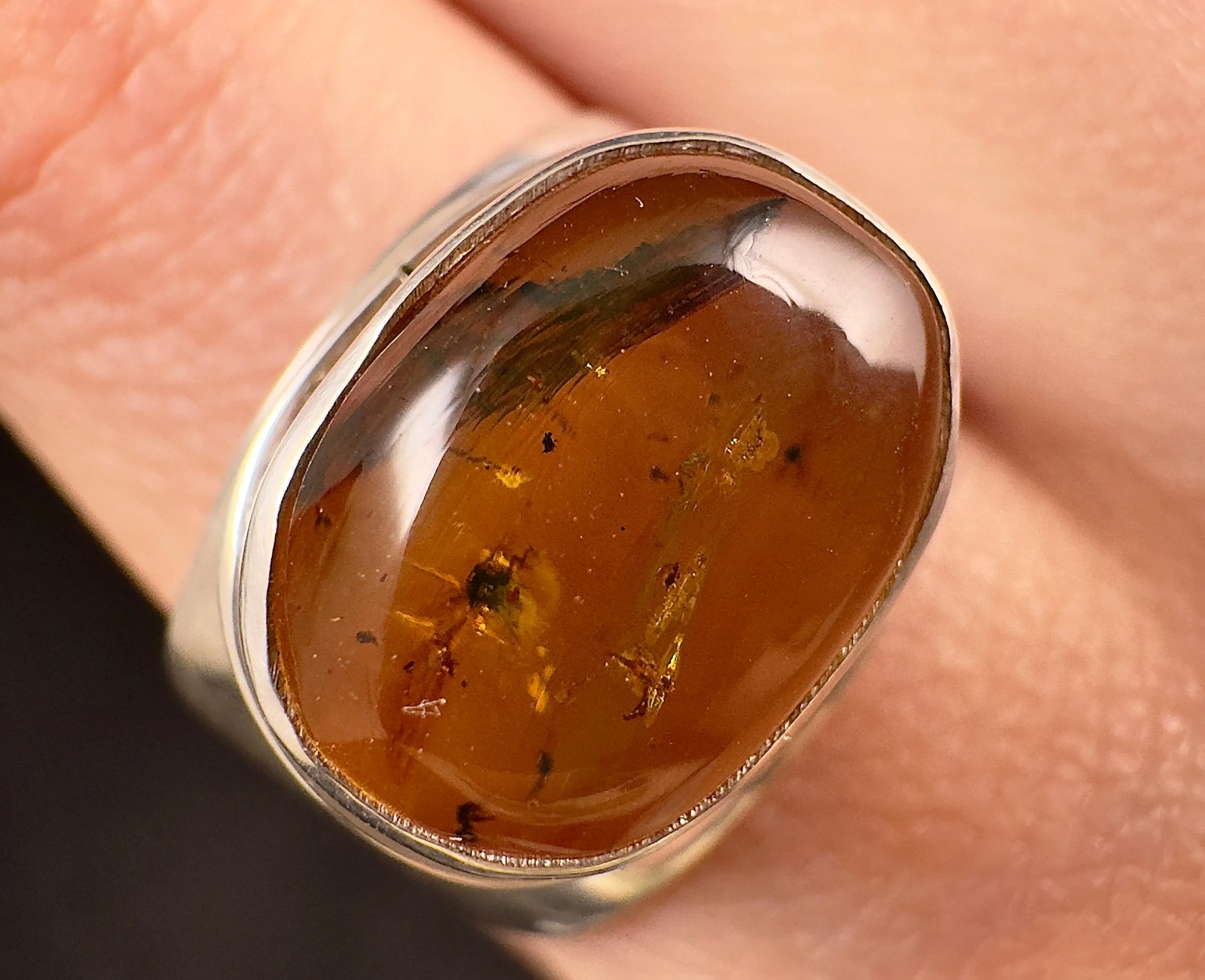 Natural AMBER Ring Insect - SIZE 8 - Genuine Sterling Silver Ring with a Polished AMBER Center Stone, 53787