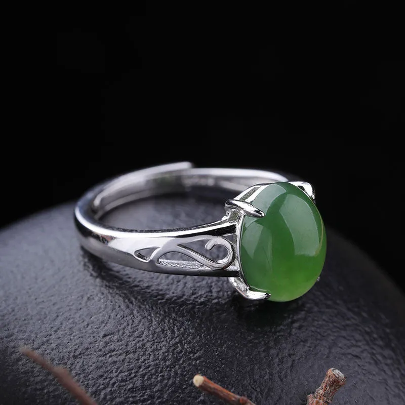 Natural Jade Ring Nephrite Silver Adjustable Ring ZNRG104