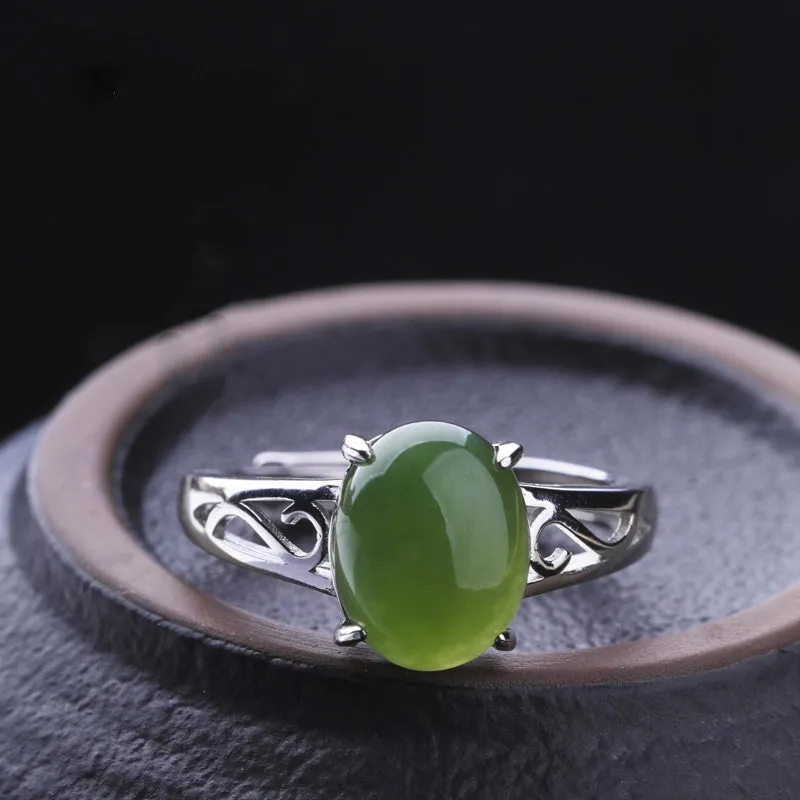 Natural Jade Ring Nephrite Silver Adjustable Ring ZNRG104