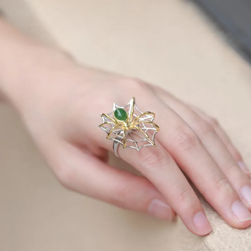 Natural Jade Ring Nephrite Silver Spider Adjustable Ring ZNRG146