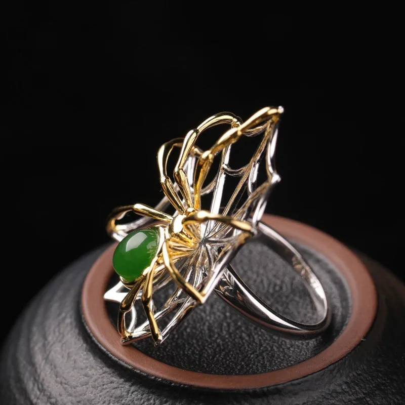 Natural Jade Ring Nephrite Silver Spider Adjustable Ring ZNRG146