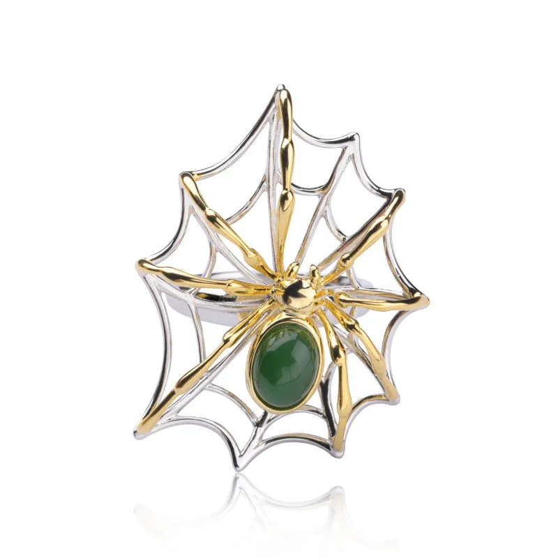 Natural Jade Ring Nephrite Silver Spider Adjustable Ring ZNRG146