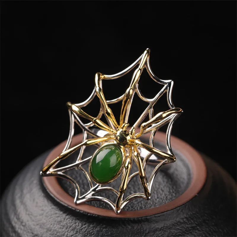 Natural Jade Ring Nephrite Silver Spider Adjustable Ring ZNRG146