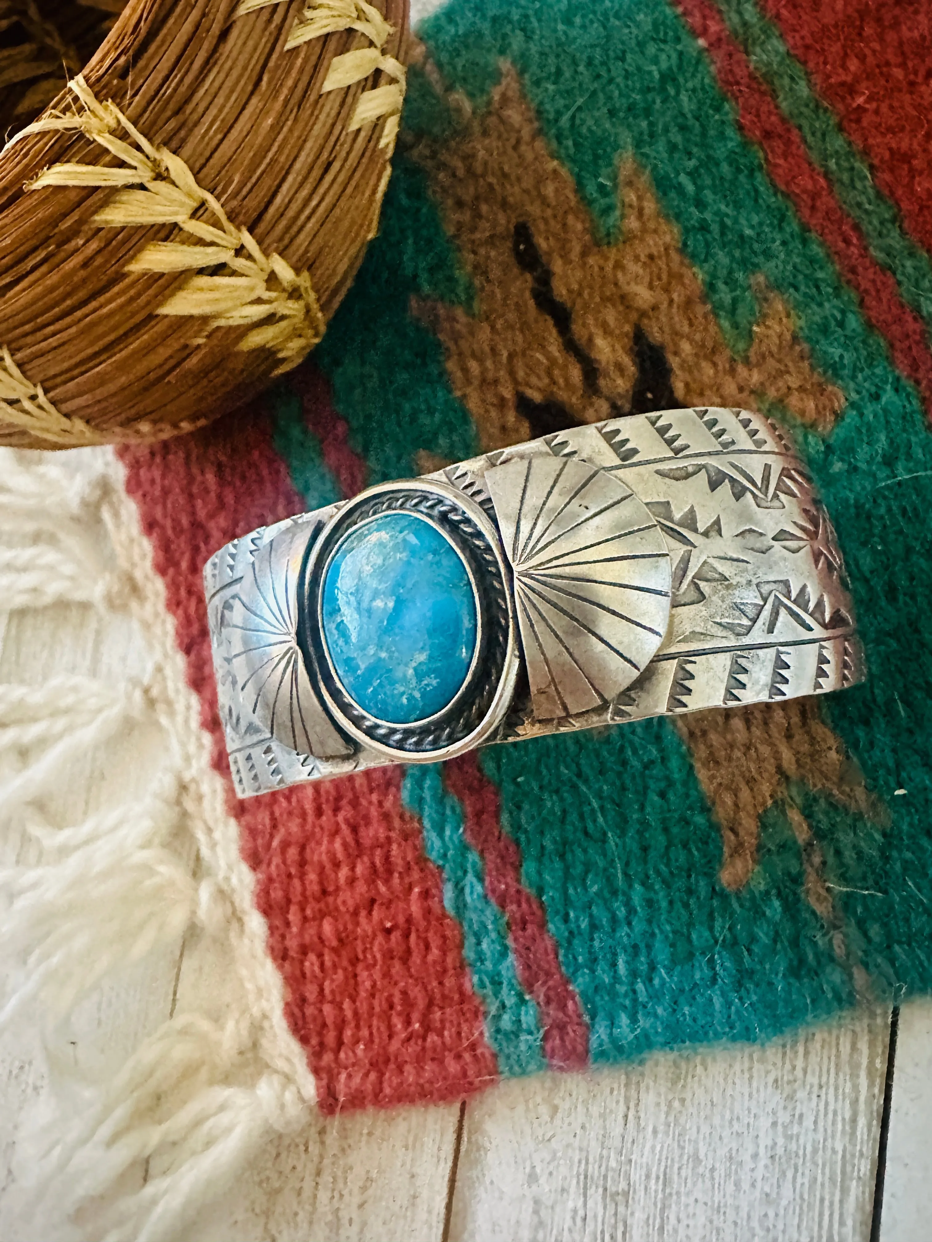 Navajo Hand Stamped Sterling Silver & Turquoise Cuff Bracelet