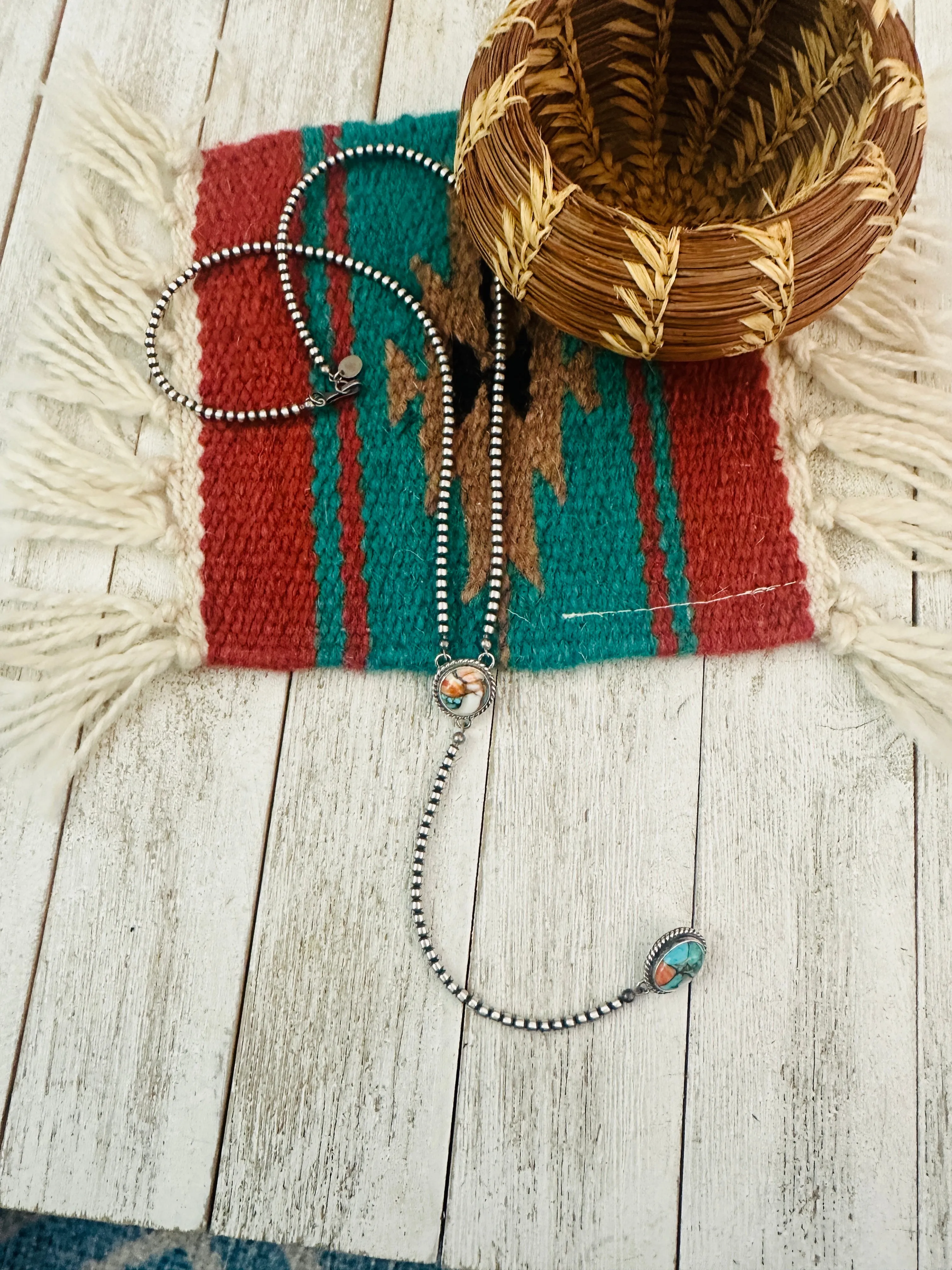 Navajo Spice & Sterling Silver Pearl Beaded Lariat Necklace