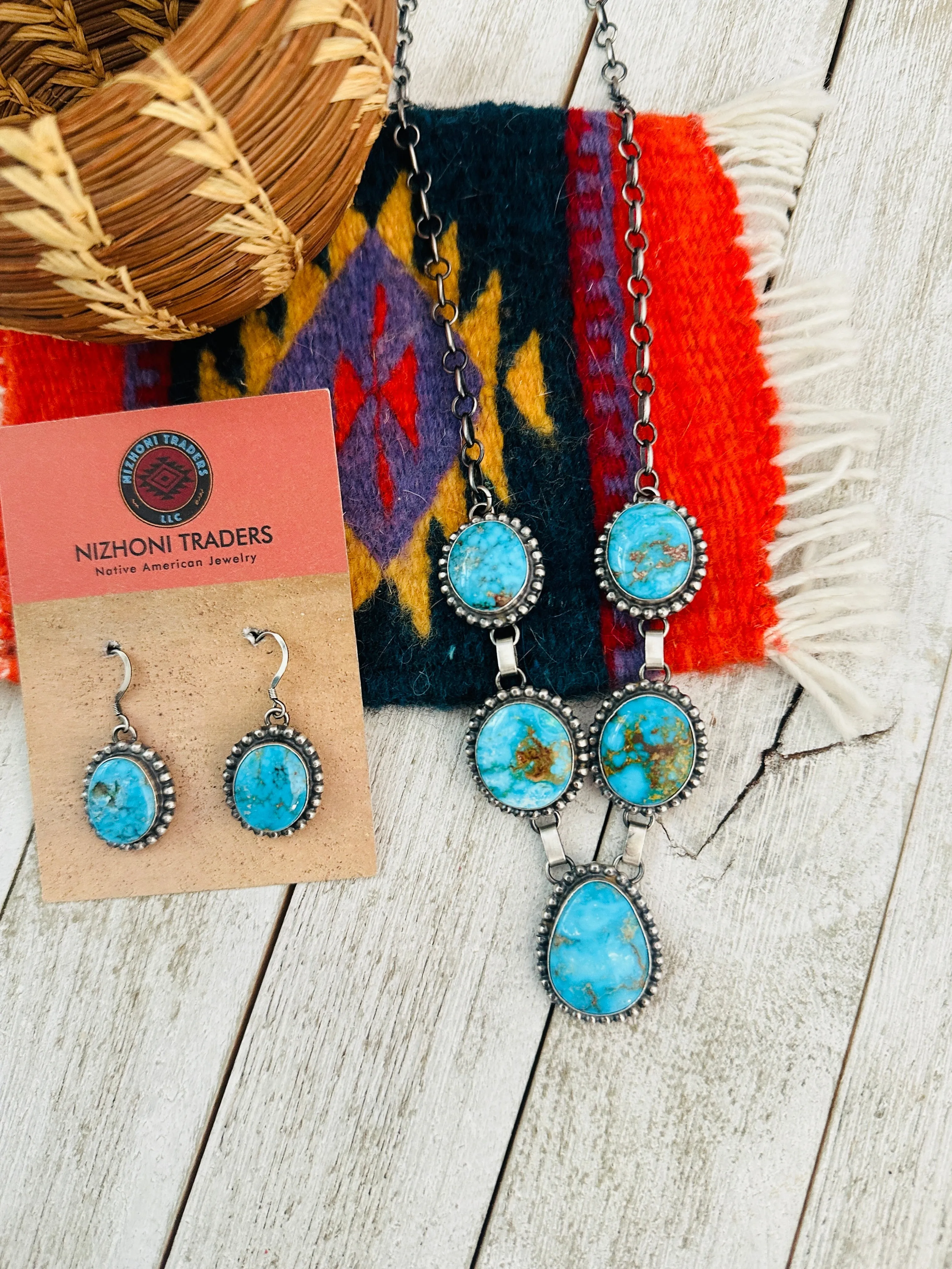 Navajo Sterling Silver & Kingman Turquoise Necklace Set