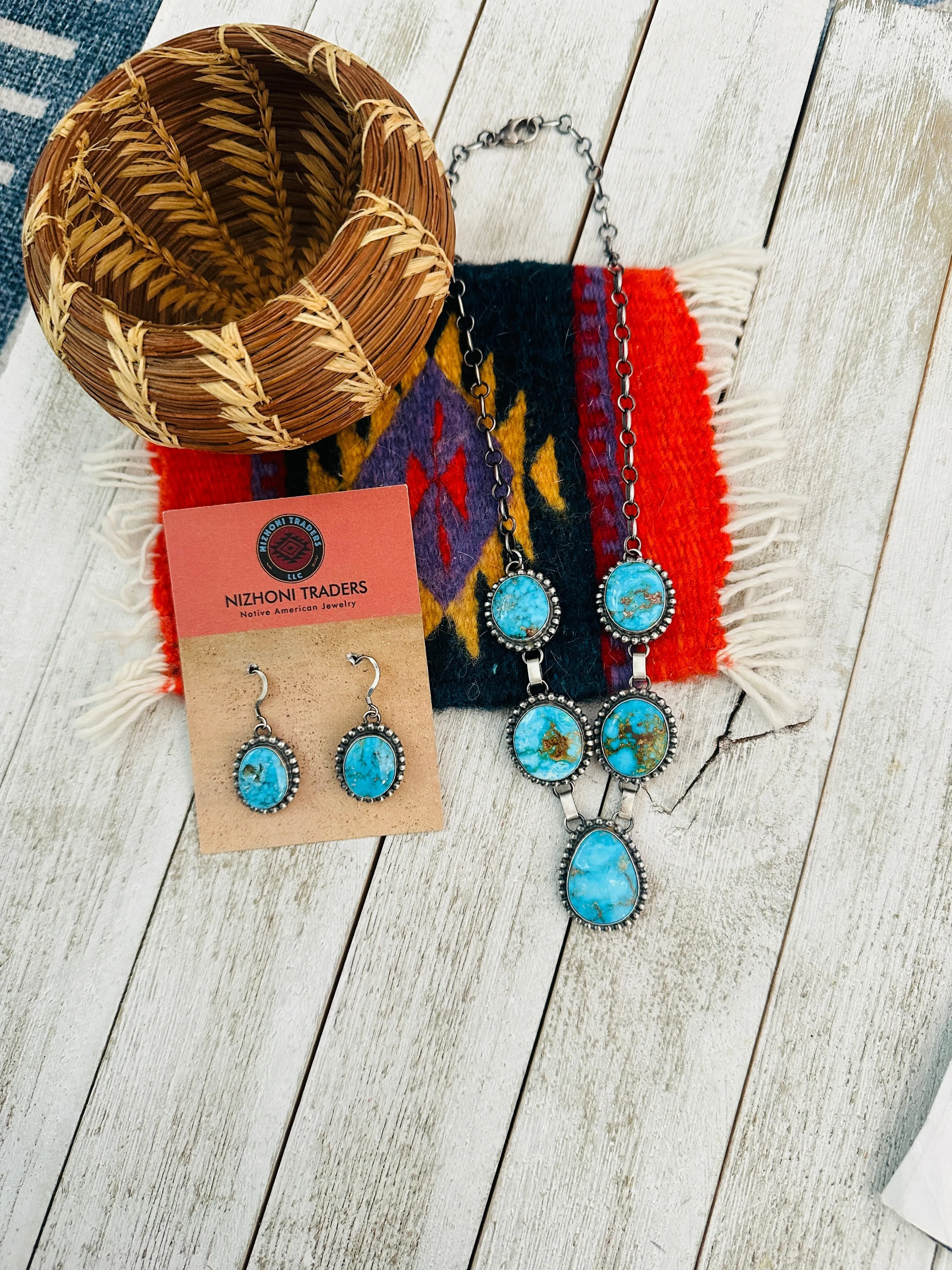 Navajo Sterling Silver & Kingman Turquoise Necklace Set