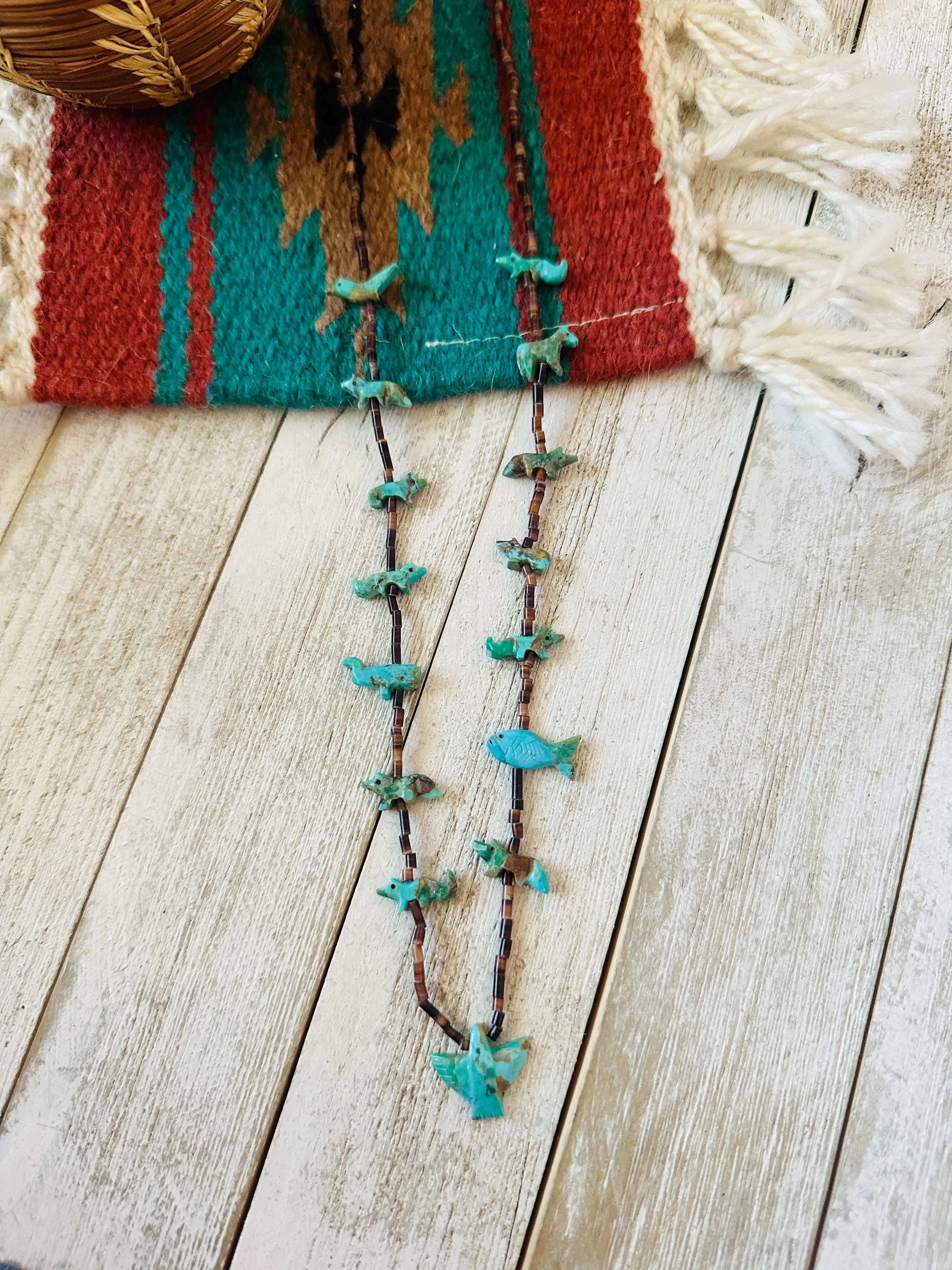 Navajo Turquoise & Heishi Beaded Fetish Necklace by Hector Goodluck