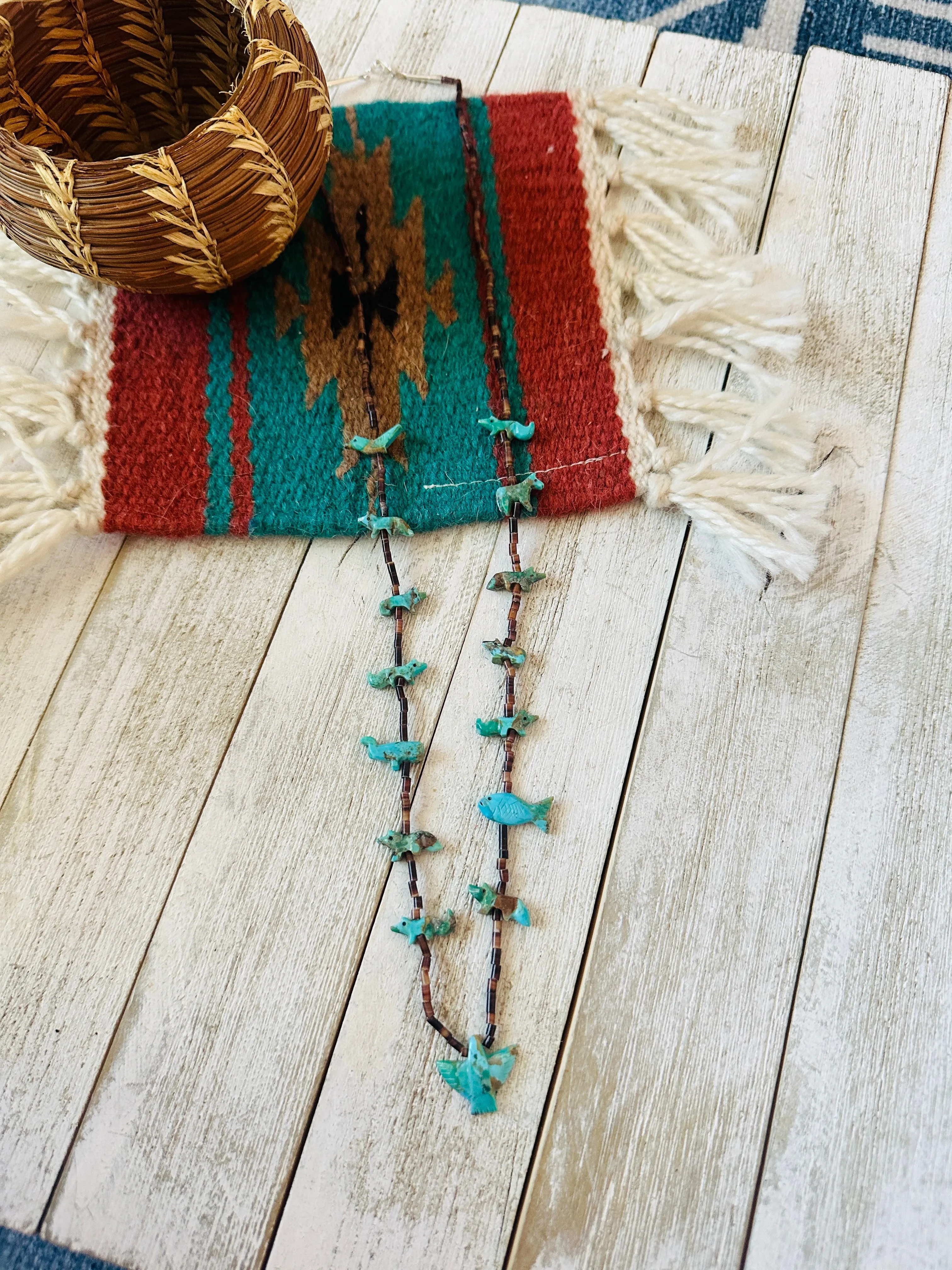 Navajo Turquoise & Heishi Beaded Fetish Necklace by Hector Goodluck