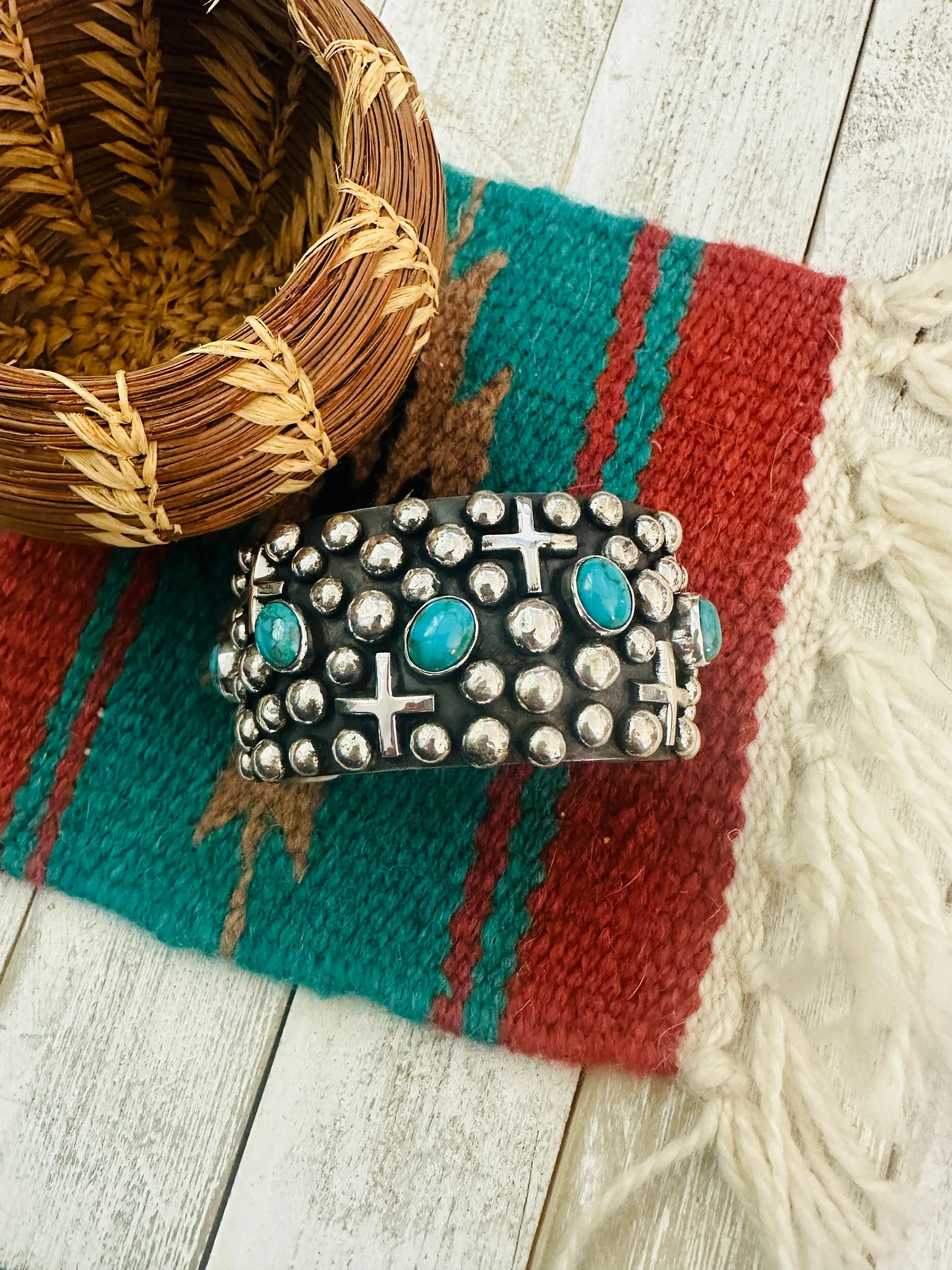 Navajo Turquoise & Sterling Silver Cross Cuff Bracelet By Chimney Butte