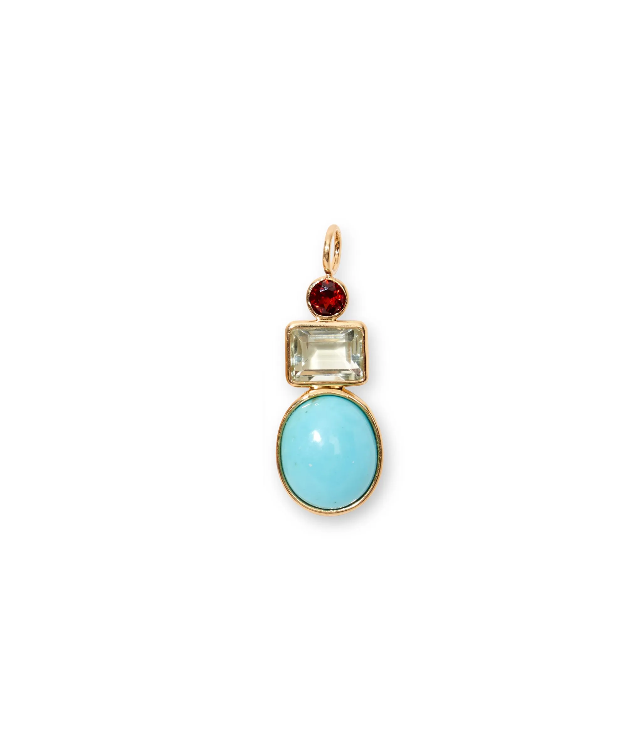 Oval Column 14k Gold Necklace Charm in Garnet, Green Amethyst & Turquoise Cabochon