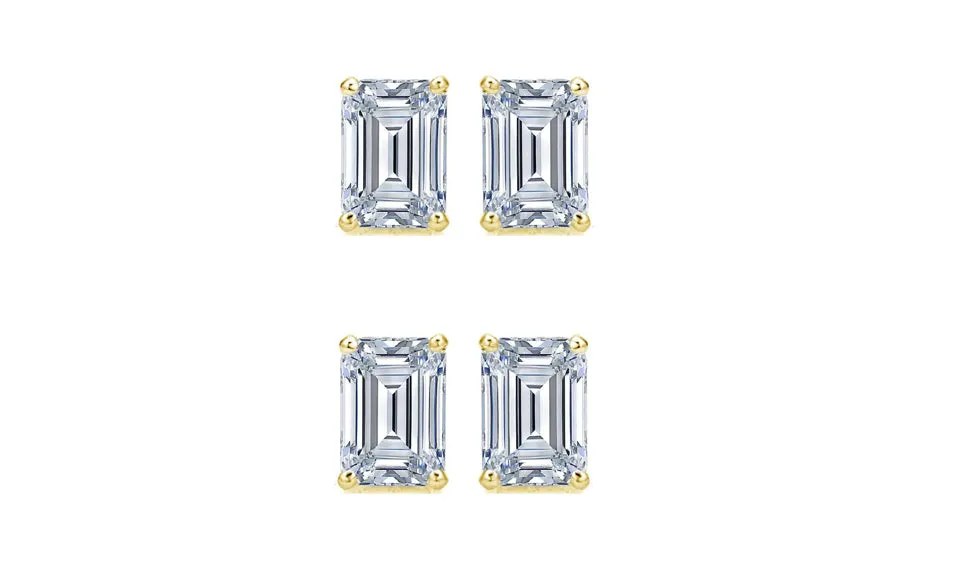 Paris jewelry 14k Yellow Gold 4mm 1Ct Emerald Cut White Sapphire Set Of Two Stud Earrings Plated