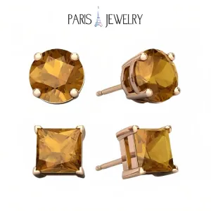 Paris Jewelry 18k Rose Gold 2 Pair Created Citrine 6mm Round & Princess Cut Stud Earrings Plated