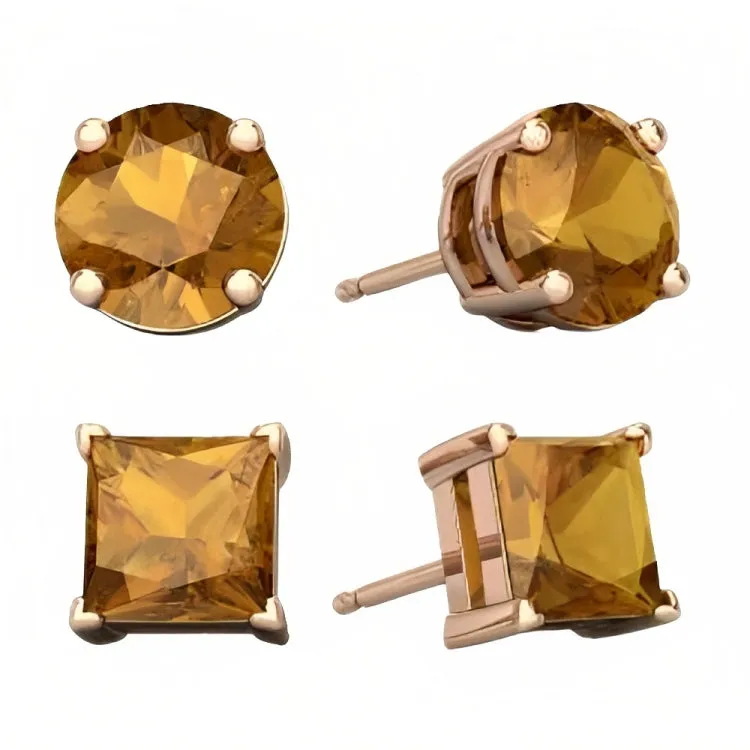 Paris Jewelry 18k Rose Gold 2 Pair Created Citrine 6mm Round & Princess Cut Stud Earrings Plated