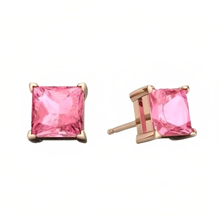 Paris Jewelry 18k Rose Gold 2 Pair Created Tourmaline 4mm, 6mm Round & Princess Cut Stud Earrings Plated