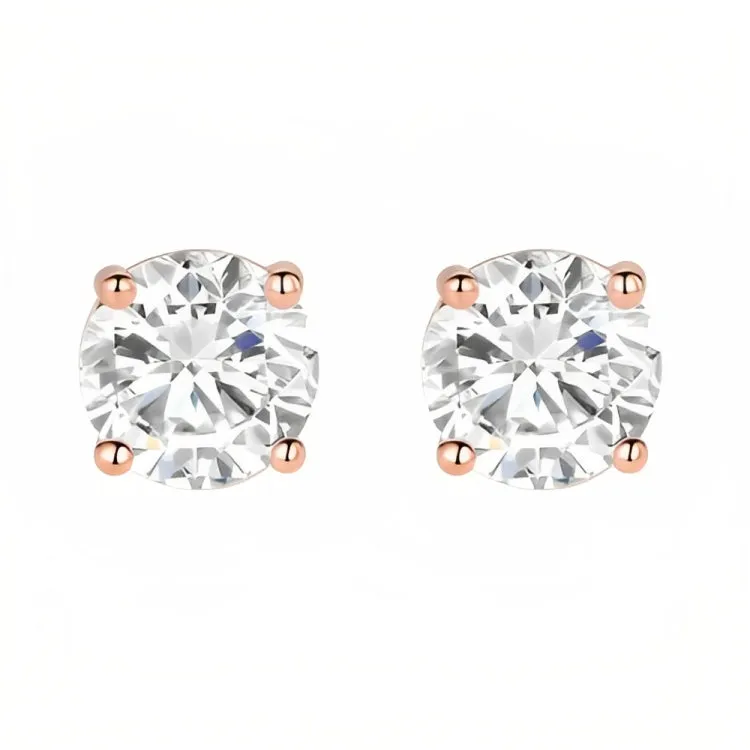 Paris Jewelry 18k Rose Gold 2 Pair Created White Sapphire 4mm, 6mm Round & Princess Cut Stud Earrings Plated