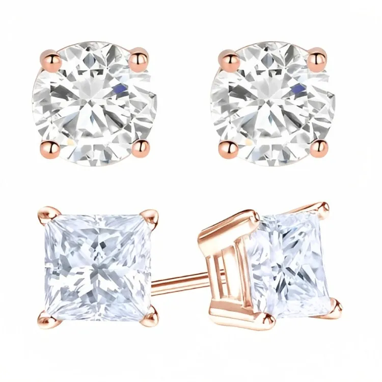 Paris Jewelry 18k Rose Gold 2 Pair Created White Sapphire 4mm, 6mm Round & Princess Cut Stud Earrings Plated