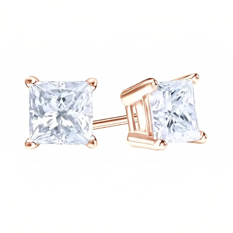 Paris Jewelry 18k Rose Gold 2 Pair Created White Sapphire 4mm, 6mm Round & Princess Cut Stud Earrings Plated