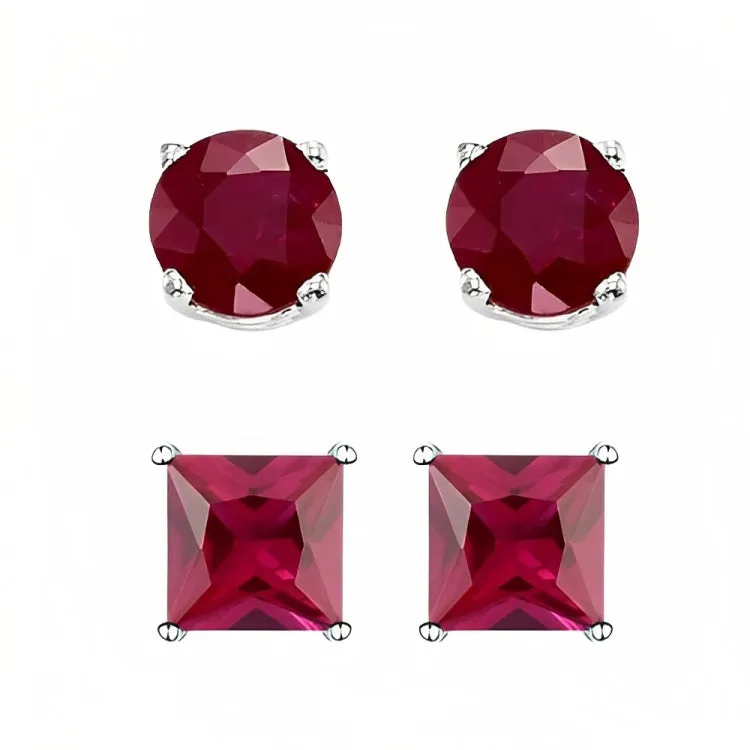 Paris Jewelry 18k White Gold 2 Pair Created Ruby 6mm Round Princess Cut Stud Earrings Plated