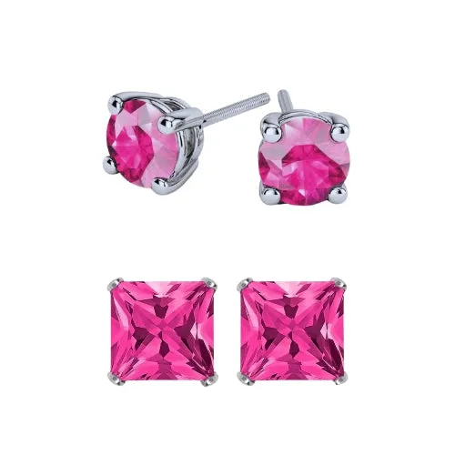 Paris Jewelry 18k White Gold 2 Pair Created Tourmaline 4mm, 6mm Round & Princess Cut Stud Earrings Plated