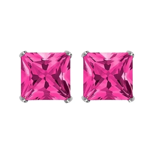 Paris Jewelry 18k White Gold 2 Pair Created Tourmaline 4mm, 6mm Round & Princess Cut Stud Earrings Plated