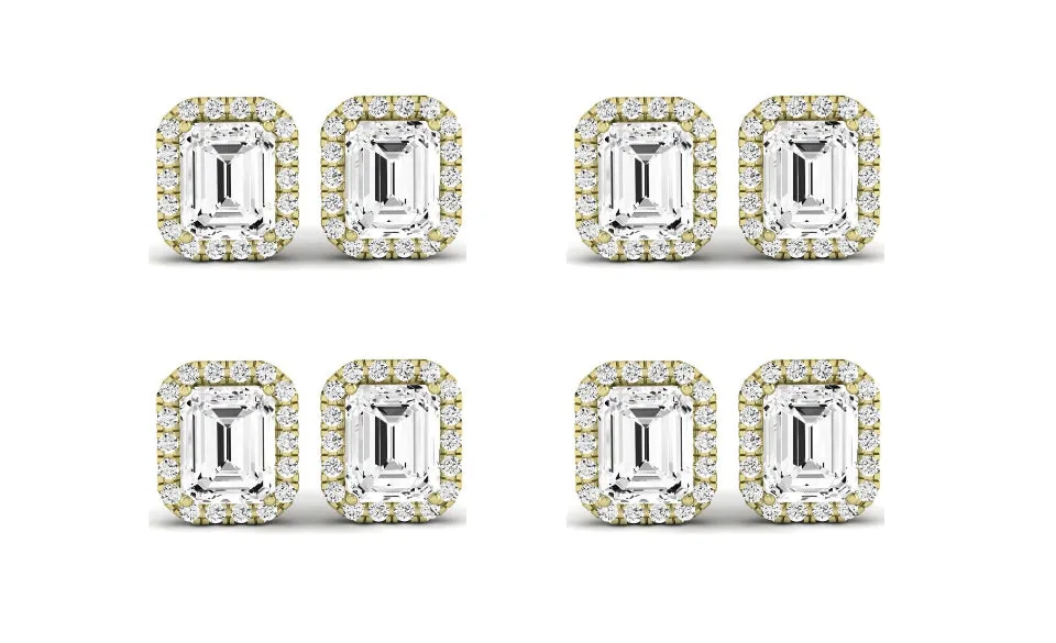 Paris jewelry 18k Yellow Gold 1/2Ct Emerald Cut White Sapphire Set Of Four Halo Stud Earrings Plated