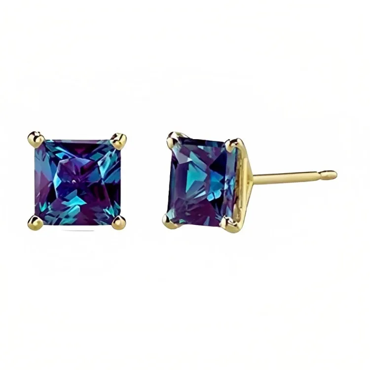 Paris Jewelry 18k Yellow Gold 2 Pair Created Alexandrite 4mm, 6mm Round & Princess Cut Stud Earrings Plated