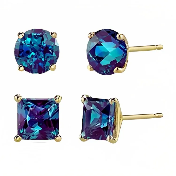 Paris Jewelry 18k Yellow Gold 2 Pair Created Alexandrite 4mm, 6mm Round & Princess Cut Stud Earrings Plated