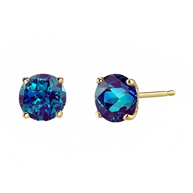 Paris Jewelry 18k Yellow Gold 2 Pair Created Alexandrite 4mm, 6mm Round & Princess Cut Stud Earrings Plated