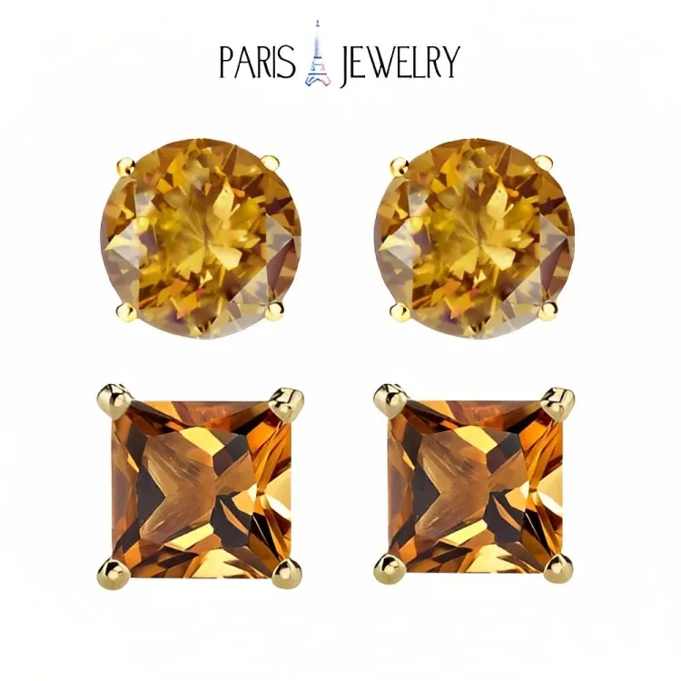 Paris Jewelry 18k Yellow Gold 2 Pair Created Citrine 4mm, 6mm Round & Princess Cut Stud Earrings Plated