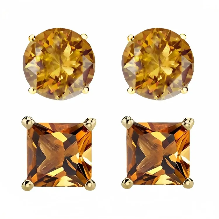 Paris Jewelry 18k Yellow Gold 2 Pair Created Citrine 4mm, 6mm Round & Princess Cut Stud Earrings Plated