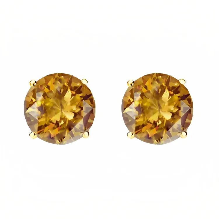 Paris Jewelry 18k Yellow Gold 2 Pair Created Citrine 4mm, 6mm Round & Princess Cut Stud Earrings Plated