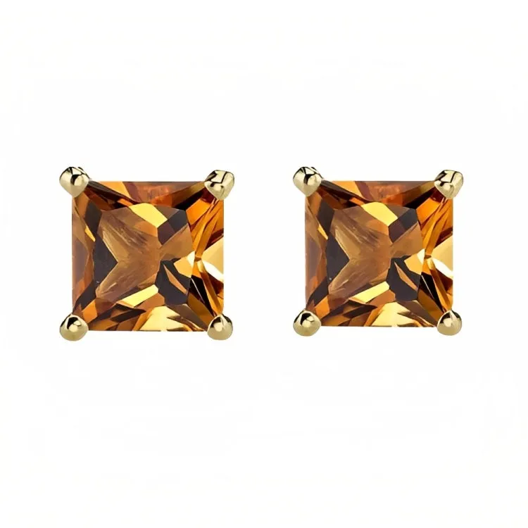 Paris Jewelry 18k Yellow Gold 2 Pair Created Citrine 4mm, 6mm Round & Princess Cut Stud Earrings Plated