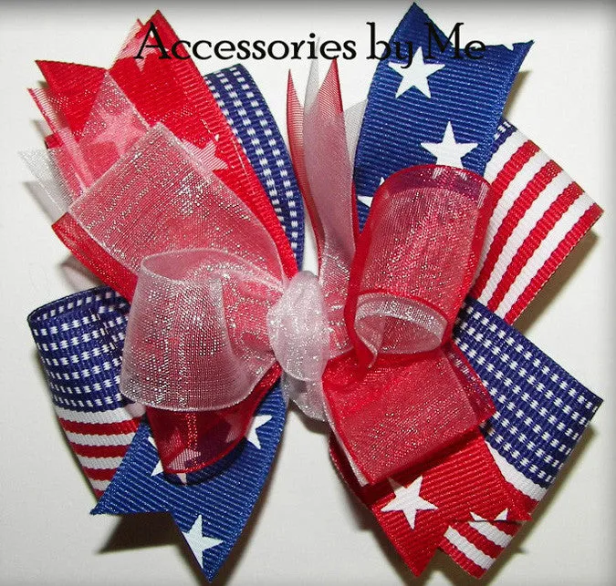 Patriotic US Stars Stripes Hair Bow